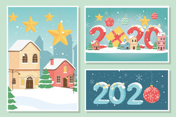 new year 2020 greeting cards village stars gift boxes and ball