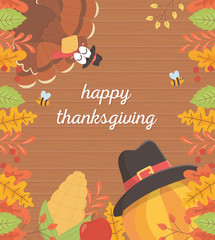 turkey pumpkin corn bee foliage wooden background happy thanksgiving celebration poster