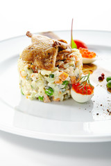 Olivier Salad or Russian Salad with Roasted Quail