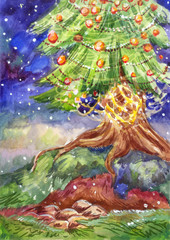 Garland tree outdoor illustration. Watercolor Chrismas painting