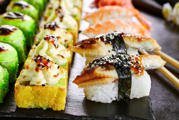 Delicious asian food, roll, sushi and gunkan set