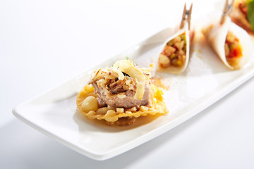 Taco with seafood assorti closeup