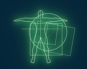 Geometry thin lines shapes with silhouette of a muscular man. Biology and bodybuilding concept. 3d rendering