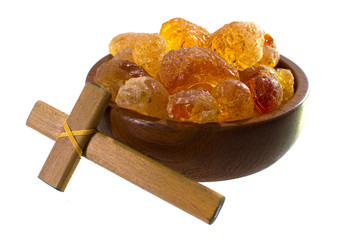 Arabic gum manna natural mana resin crystal, senegal acacia on table. Food from god heaven fall...