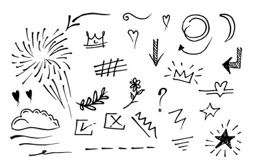 Vector hand drawn collection of design element. curly swishes, swoops, swirl, arrow, heart, love, crown, flower, star, starburst, firework, highlight text and emphasis element. use for concept design
