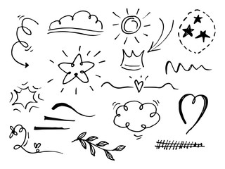 Vector hand drawn collection of design element. curly swishes, swoops, swirl, arrow, heart, love, crown, flower, star, starburst, firework, highlight text and emphasis element. use for concept design