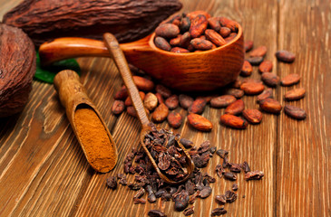 Cocoa beans in a spoon, cocoa pods with green leaves, cacao powder and cocoa nibs in scoops on a wooden background.