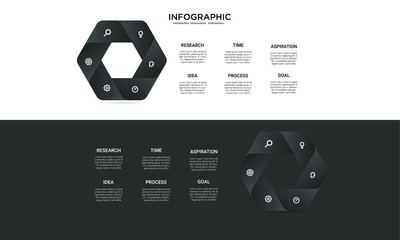 hexagon black Infographic stack chart design with icons and options or steps. Infographics for business concept. Can be used for presentations banner, workflow layout, process diagram, flow chart 