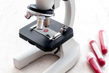Blood drop under microscope on white background