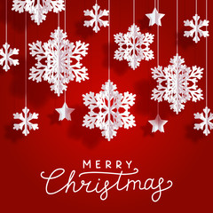 Fototapeta na wymiar Christmas greeting card with paper snowflakes and stars on red background for Your holiday design