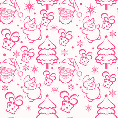 New Year and Christmas background. Seamless pattern with snowman, Santa Claus and Christmas tree on white background. Great for new year cards, poster, banners, invitations. Color image. Vector.