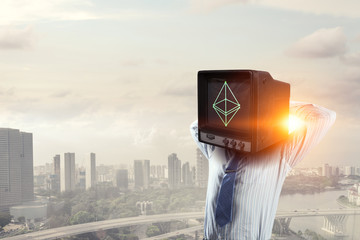 Monitor headed businessman. Mixed media