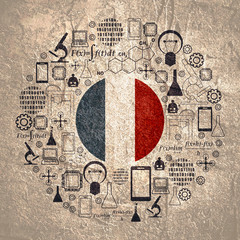 Innovation and technology concept. Circle frame with thin line icons. Flag of the France
