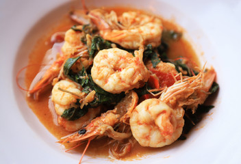Spicy shrimp stir fried with close up view 