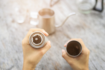 Coffee grinder on hand for making powder 