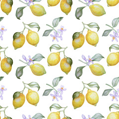 Watercolor seamless pattern of lemons and blossom branches
