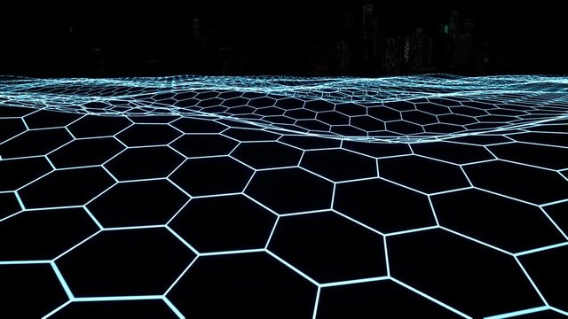Neon cyberspace net polygonal 3d footage. Fluorescent netting looped animation. Cells and honeycomb. Abstract futuristic grid moving. Hexagonal shapes surface motion seamless video