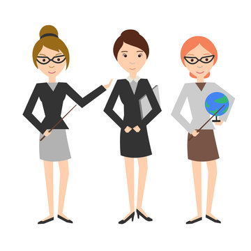 Teachers. Women in suits. Teacher of geography with a globe in his hands. Flat design. People isolated on white background. Vector illustration.