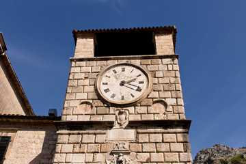 Old clock tower in the old town. Cator. Old town. Montenegro.