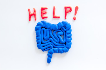 Intestines illness and treatment. Word help near guts on white background top view copy space