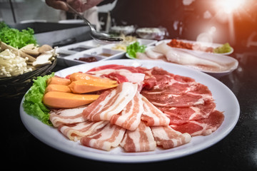 Set of slice raw bacon, pork ,chicken and vegetable. Korean style grilled