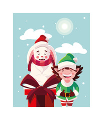 rabbit and elf with gift box in winter landscape