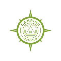 Outdoor adventure logo with tent elements and wind rose.