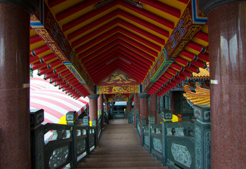 Chinese temple shrine interior and exterior building structure. Traditional ancient religious classic architecture design decoration. Prayer meditation room for worship spiritual ritual Buddhism 