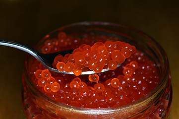 Caviar. The big spoon to taste caviar. Macro  gorizontal photography