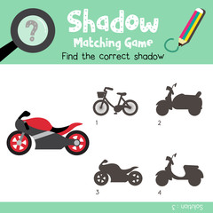 Shadow matching game Motorcycle cartoon character side view vector illustration