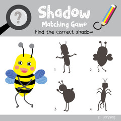 Shadow matching game Bee standing animal cartoon character vector illustration