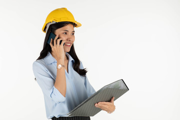 woman with helmet and mobile phone