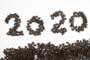 Happy New Year 2020 for coffee beans on a white background