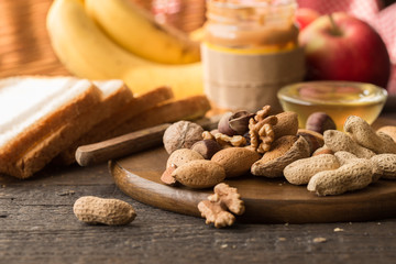 mixed nuts and fruits. Planning of a diet. Detox, healthy eating and vegetarian diet concept. Balanced fuits diet. Healthy lifestyle tips.