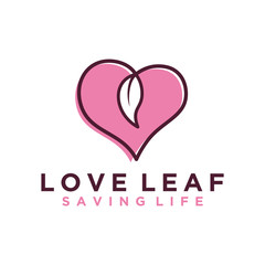 Love heart leaf nature logo design, simple minimalist icon valentine day, save nature.