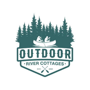 Logo Outdoor Adventure Using A Canoe Boat In A Natural Forest River Badge Design