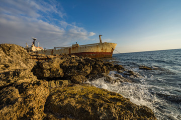 Fototapeta na wymiar The famous boat EDRO III was shipwrecked. Pathos. Cyprus.