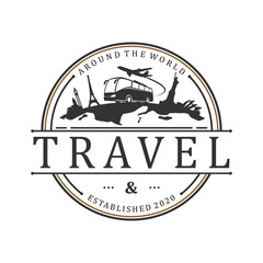 Fototapeta na wymiar Travel agency badge logo design, transport icon vintage style, traveling business bus airplane landmark.