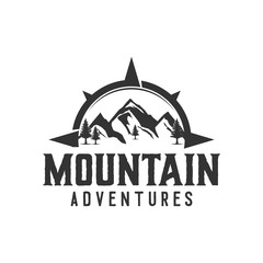 Outdoor rocky mountain nature logo - adventure wildlife pine tree forest design, hiking exploration nature, camping basecamp campfire alpine himalaya.