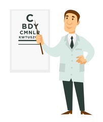 Ophthalmologist doctor and signboard with letters isolated male character
