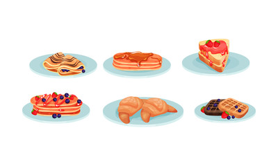 Different Types of Desserts Served on Plates Vector Set