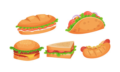 Junk Food Items Vector Set. Unhealthy Fat Fast Food Collection
