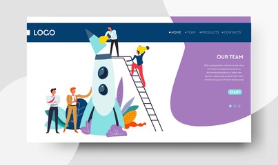 Teamwork and startup web page template spaceship launch