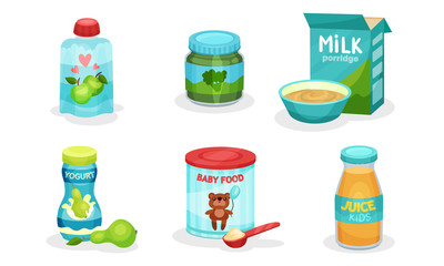 Organic Food For Babies Vector Isolated Set. Juices and Purees From Broccoli