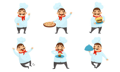 Cute Chef With Mustache Wearing Cook Uniform Vector Illustration Set
