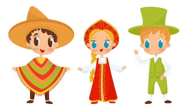 Big Eyed Kids Characters Wearing Traditional Costumes Vector Set