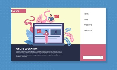 Online education web page template open laptop