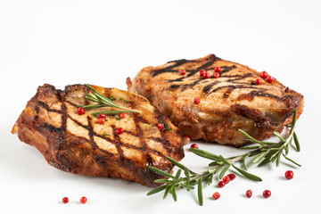  Home cooking grilled meat. Perfectly seasoned, juicy, delicious grilled pork chops with strips sprinkled with fresh coriander