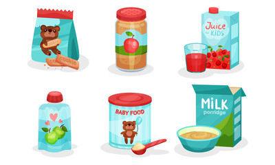 Organic Food For Babies Vector Isolated Set. Juices and Purees From Apple