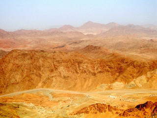 Panoramic view of the Mount Sinai from hill, a mountain in the Sinai Peninsula of Egypt, a possible location of the biblical Mount Sinai, also famous for hiking to watch sunset and sunrise scenery. 